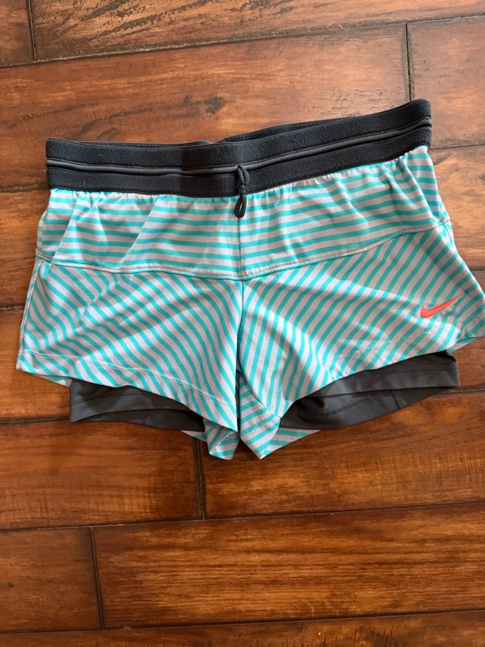 Nike Teal & Gray Striped Running Shorts With charcoal Bikers & Waistband